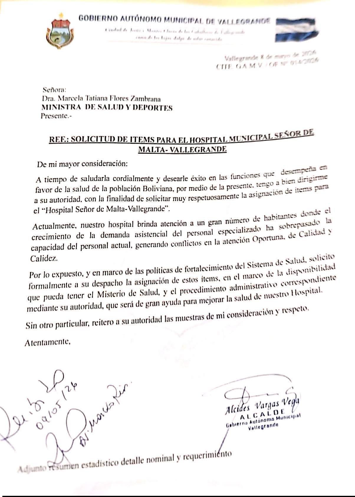 Alcaldía de Vallegrande solicita nuevos ítems de salud para fortalecer atención en el Hospital Señor de Malta